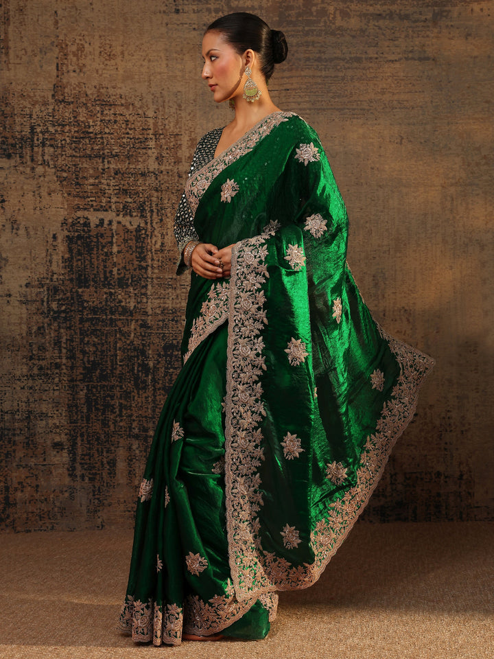 Green Floral Embroidered Tissue Saree With Unstitched Blouse Piece