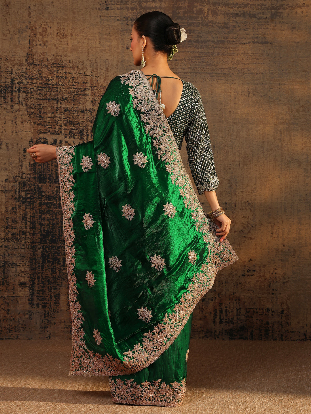Green Floral Embroidered Tissue Saree With Unstitched Blouse Piece