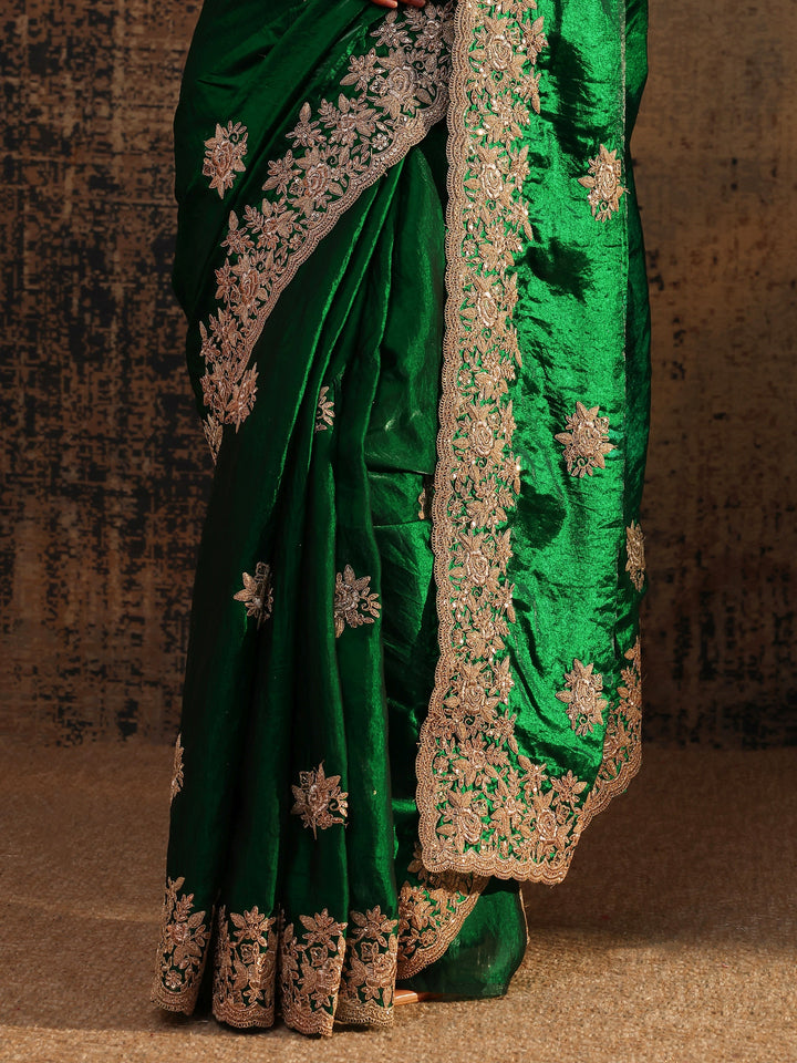 Green Floral Embroidered Tissue Saree With Unstitched Blouse Piece