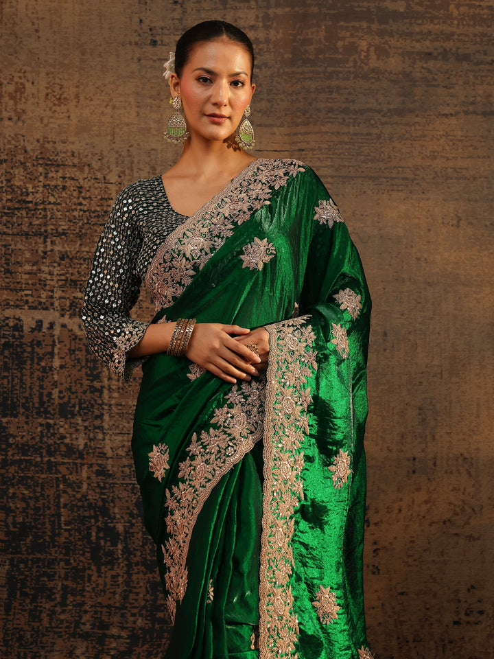Green Floral Embroidered Tissue Saree With Unstitched Blouse Piece