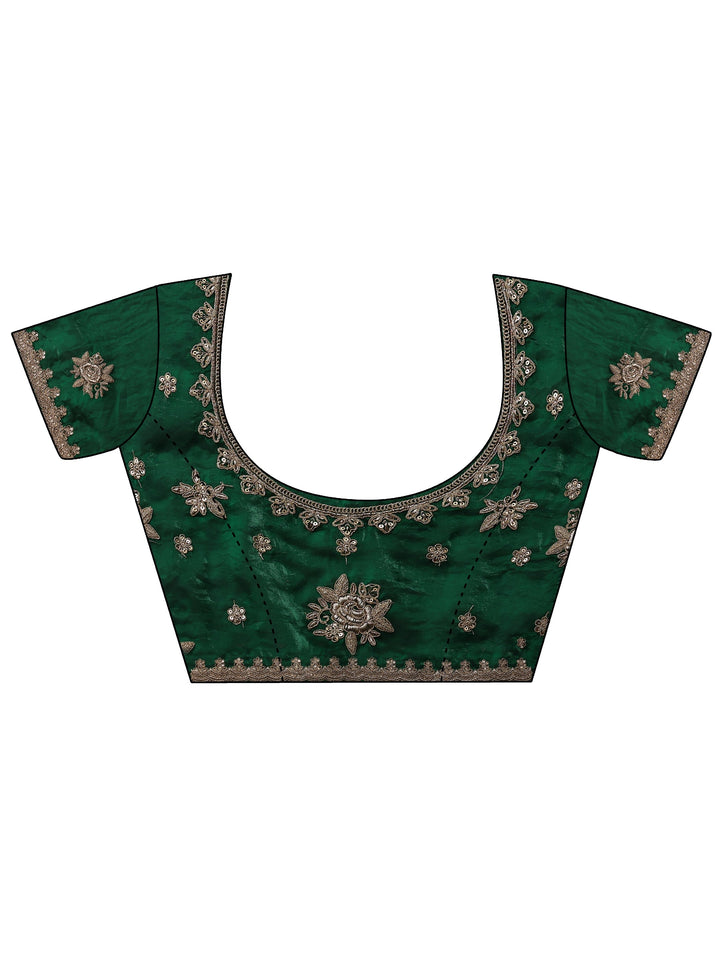 Green Floral Embroidered Tissue Saree With Unstitched Blouse Piece