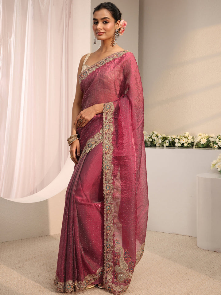 Libas Maroon Embellished Tissue Saree With Unstitched Blouse Piece