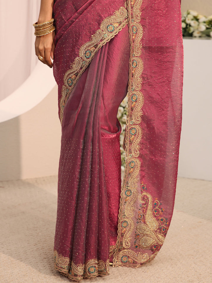Maroon Embellished Tissue Saree With Unstitched Blouse Piece
