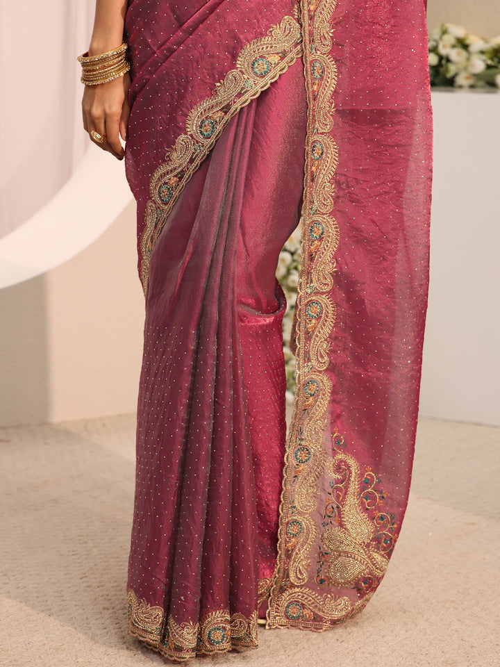 Libas Maroon Embellished Tissue Saree With Unstitched Blouse Piece