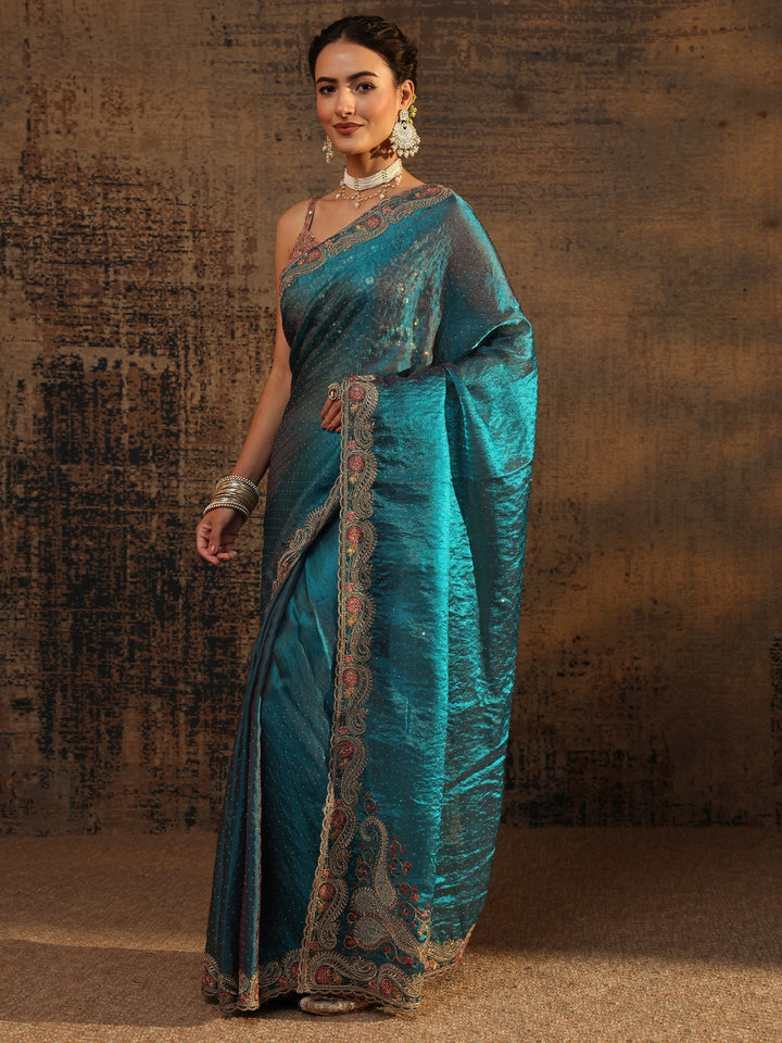 Libas Blue Embellished Tissue Saree With Unstitched Blouse Piece