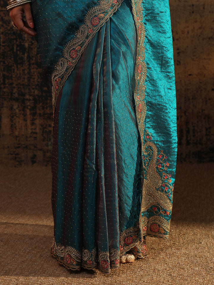 Libas Blue Embellished Tissue Saree With Unstitched Blouse Piece