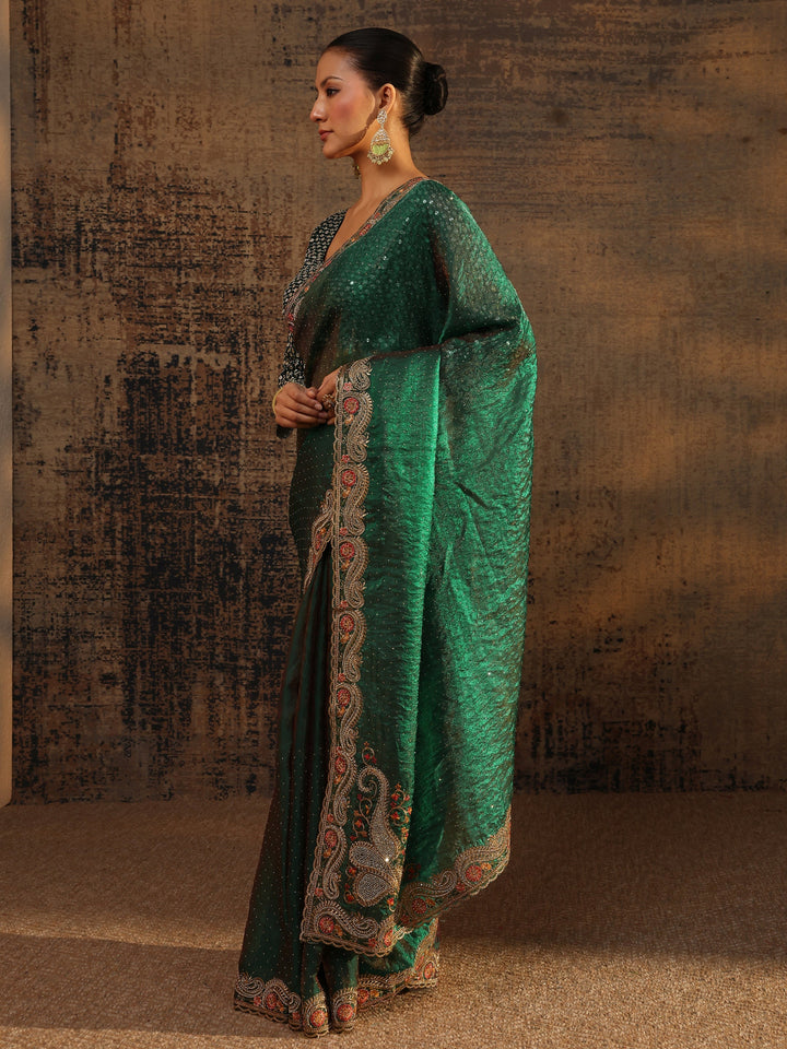 Green Embellished Tissue Saree With Unstitched Blouse Piece