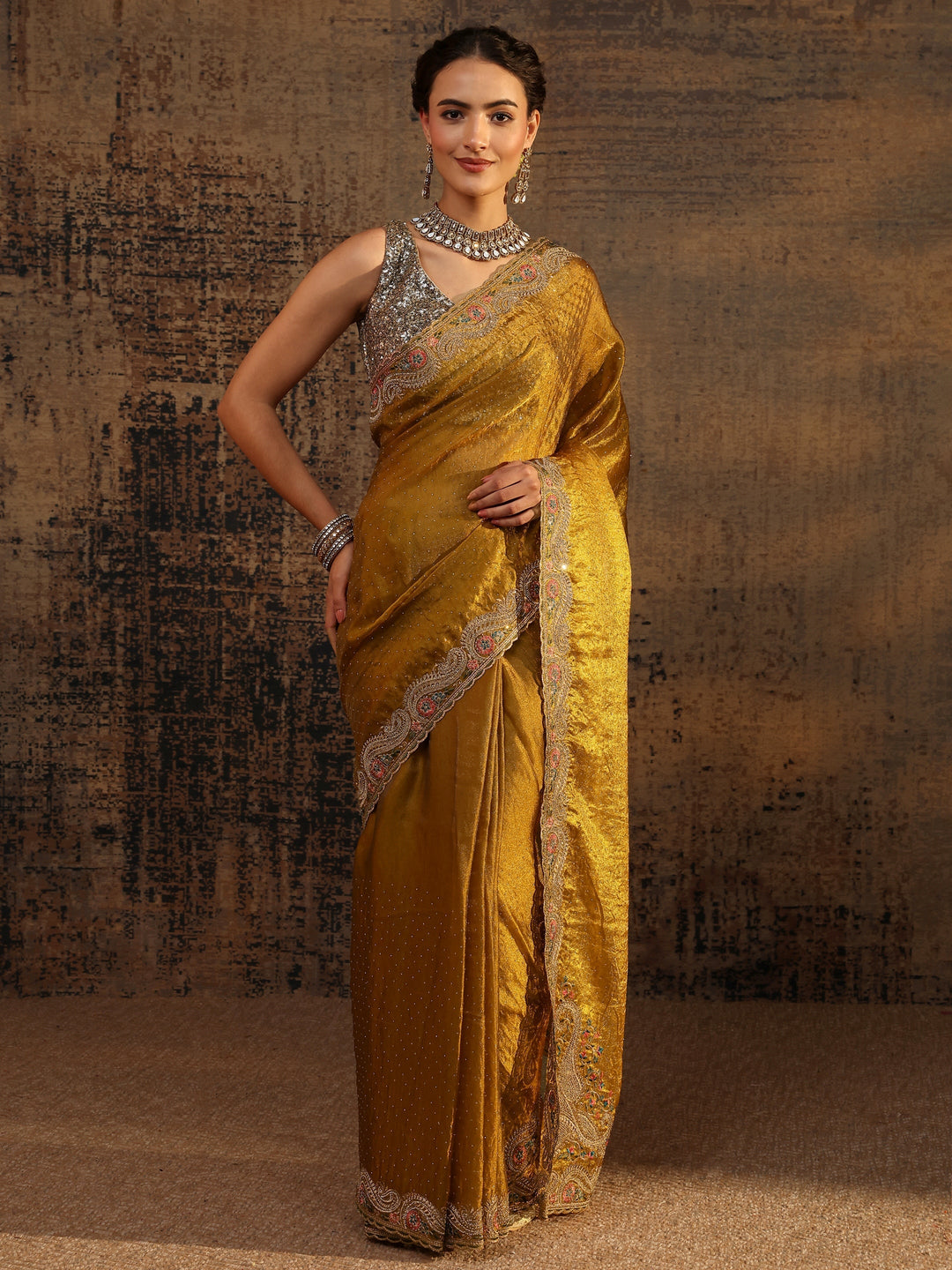 Libas Mustard Embellished Tissue Saree With Unstitched Blouse Piece