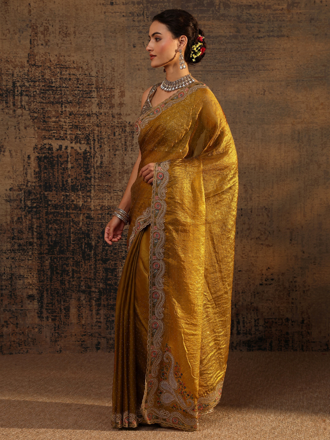 Libas Mustard Embellished Tissue Saree With Unstitched Blouse Piece