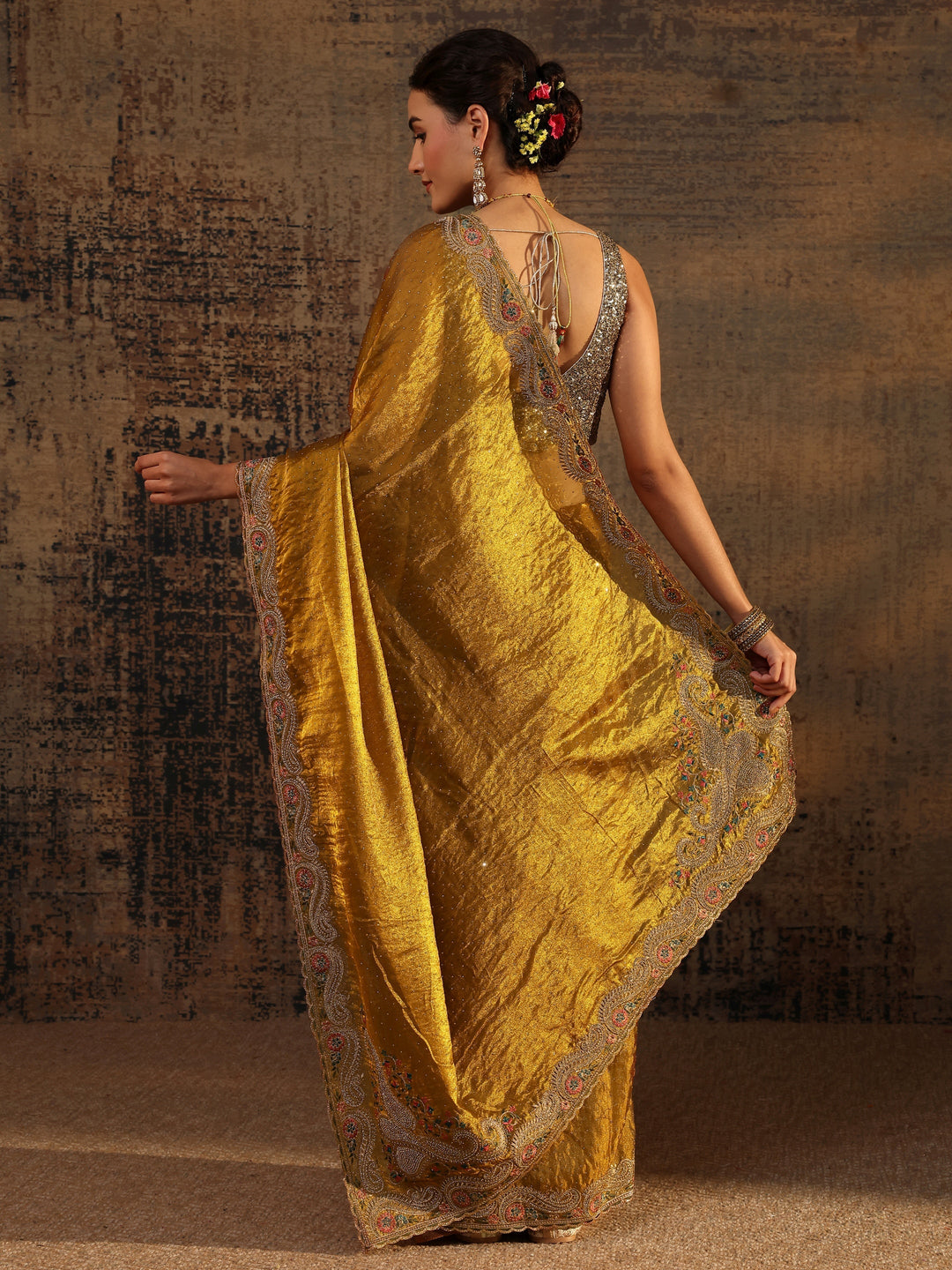 Libas Mustard Embellished Tissue Saree With Unstitched Blouse Piece