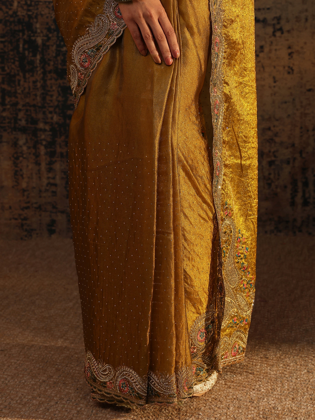 Libas Mustard Embellished Tissue Saree With Unstitched Blouse Piece