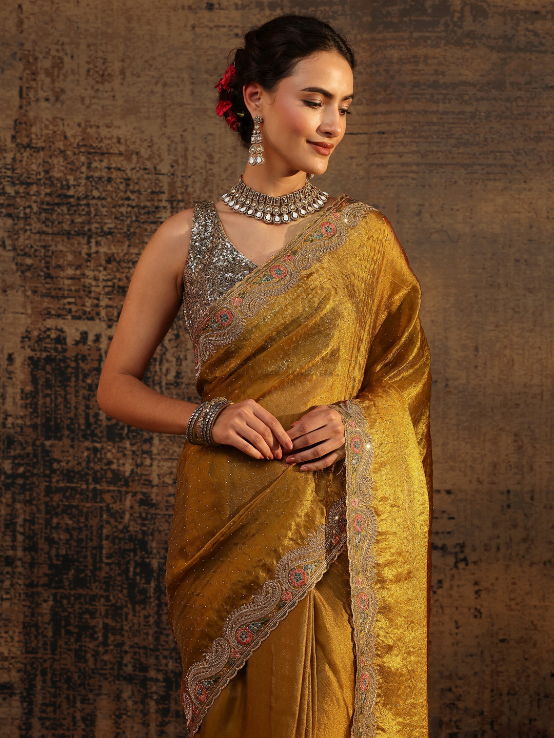 Libas Mustard Embellished Tissue Saree With Unstitched Blouse Piece