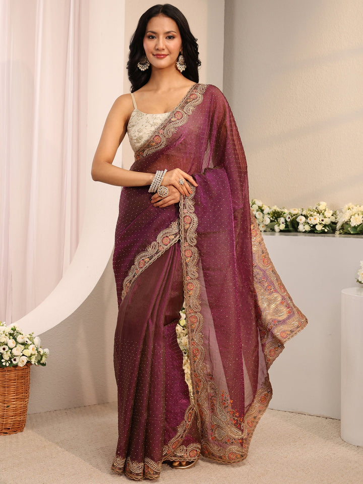 Libas Purple Embellished Tissue Saree With Unstitched Blouse Piece