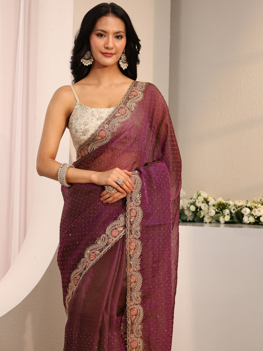 Libas Purple Embellished Tissue Saree With Unstitched Blouse Piece