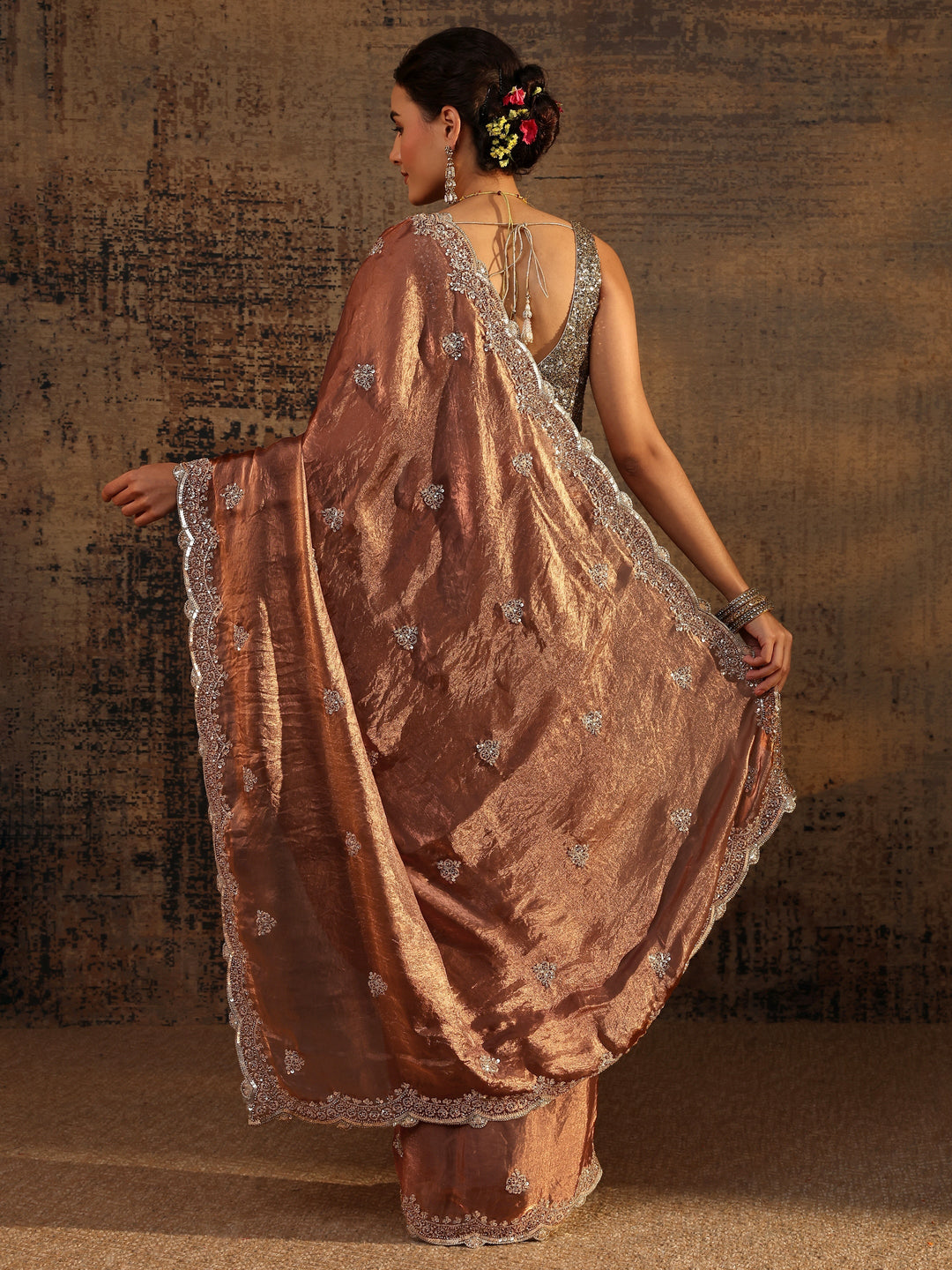 Brown Embellished Tissue Saree With Unstitched Blouse Piece