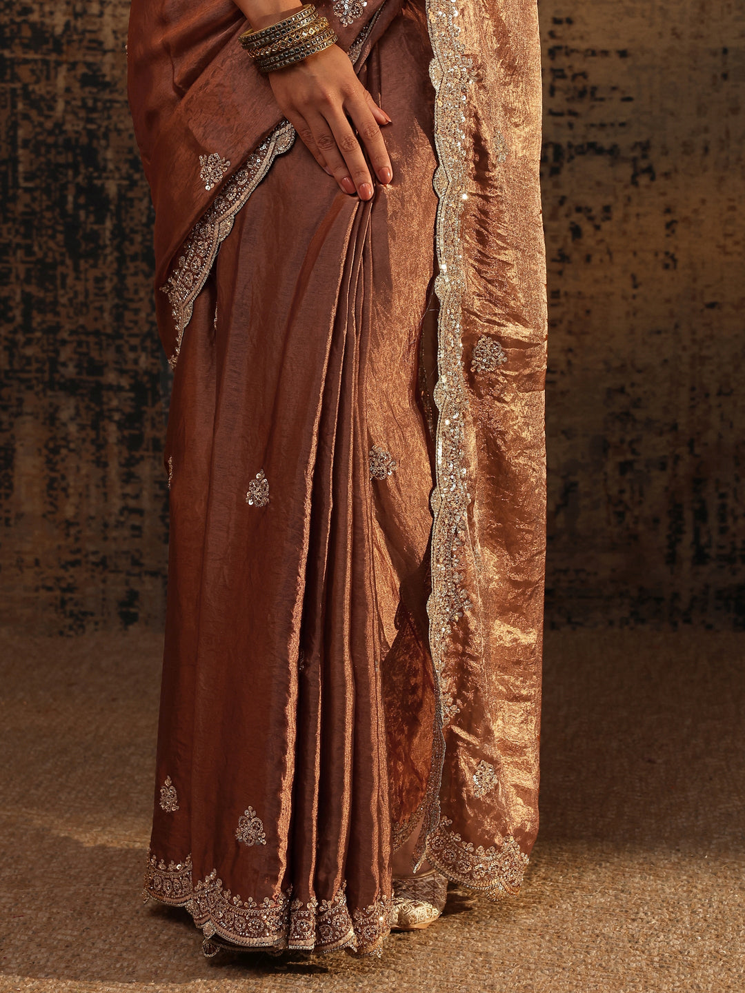 Brown Embellished Tissue Saree With Unstitched Blouse Piece