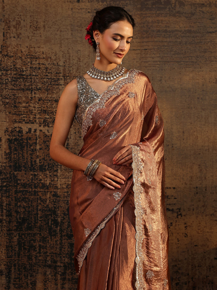 Brown Embellished Tissue Saree With Unstitched Blouse Piece