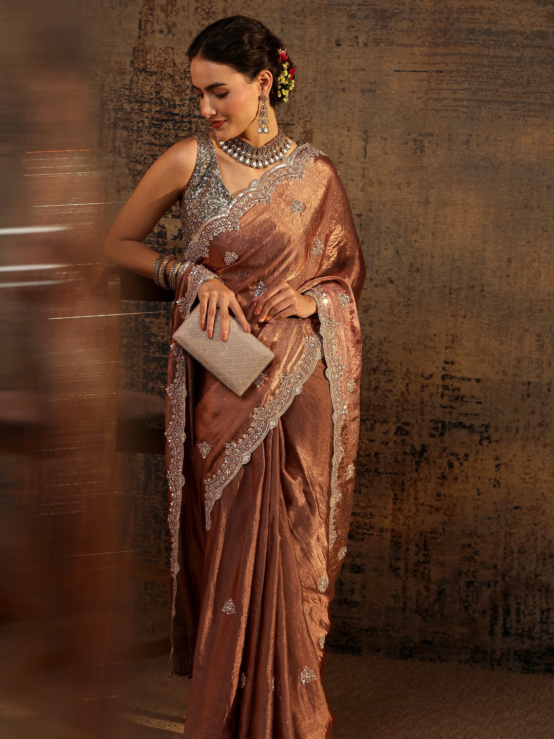 Brown Embellished Tissue Saree With Unstitched Blouse Piece