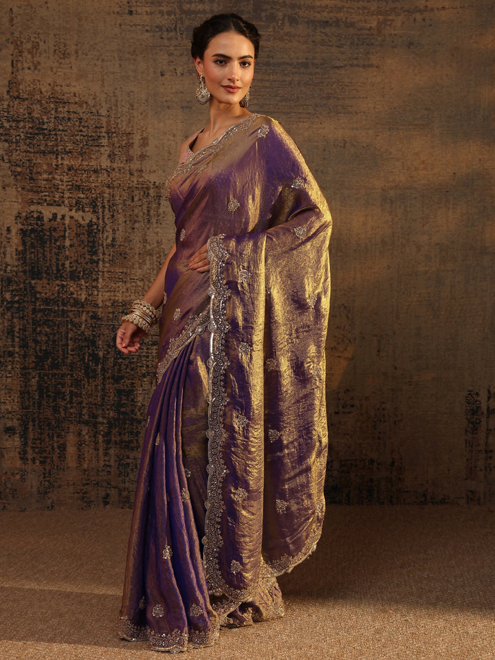 Libas Lavender Embellished Tissue Saree With Unstitched Blouse Piece