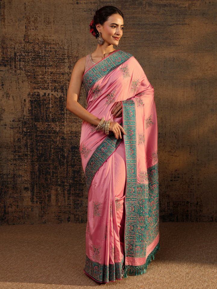Pink Ethnic Motifs Embroidered Silk Blend Saree With Unstitched Blouse Piece