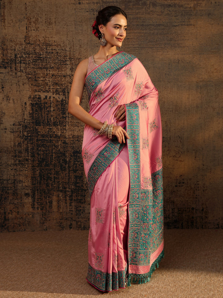Libas Pink Ethnic Motifs Embroidered Silk Blend Saree With Unstitched Blouse Piece
