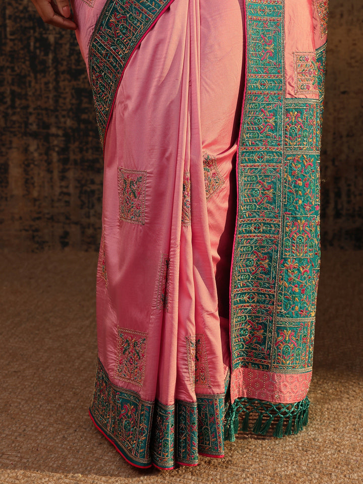 Libas Pink Ethnic Motifs Embroidered Silk Blend Saree With Unstitched Blouse Piece