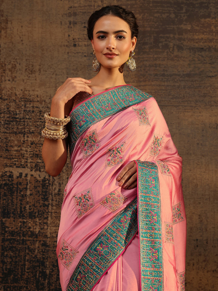 Pink Ethnic Motifs Embroidered Silk Blend Saree With Unstitched Blouse Piece