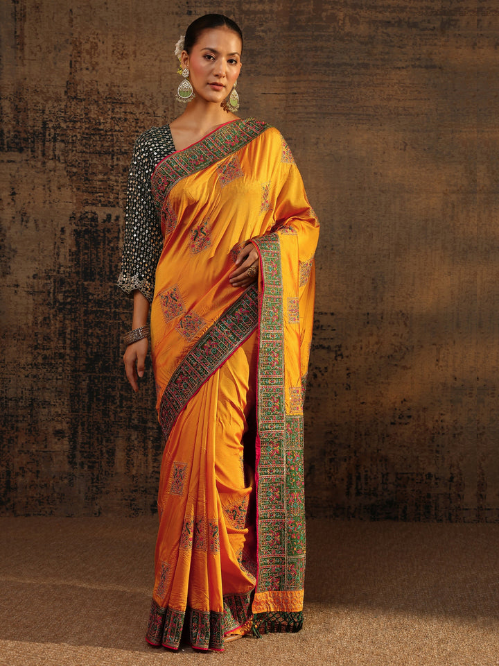 Mustard Ethnic Motifs Embroidered Silk Blend Saree With Unstitched Blouse Piece
