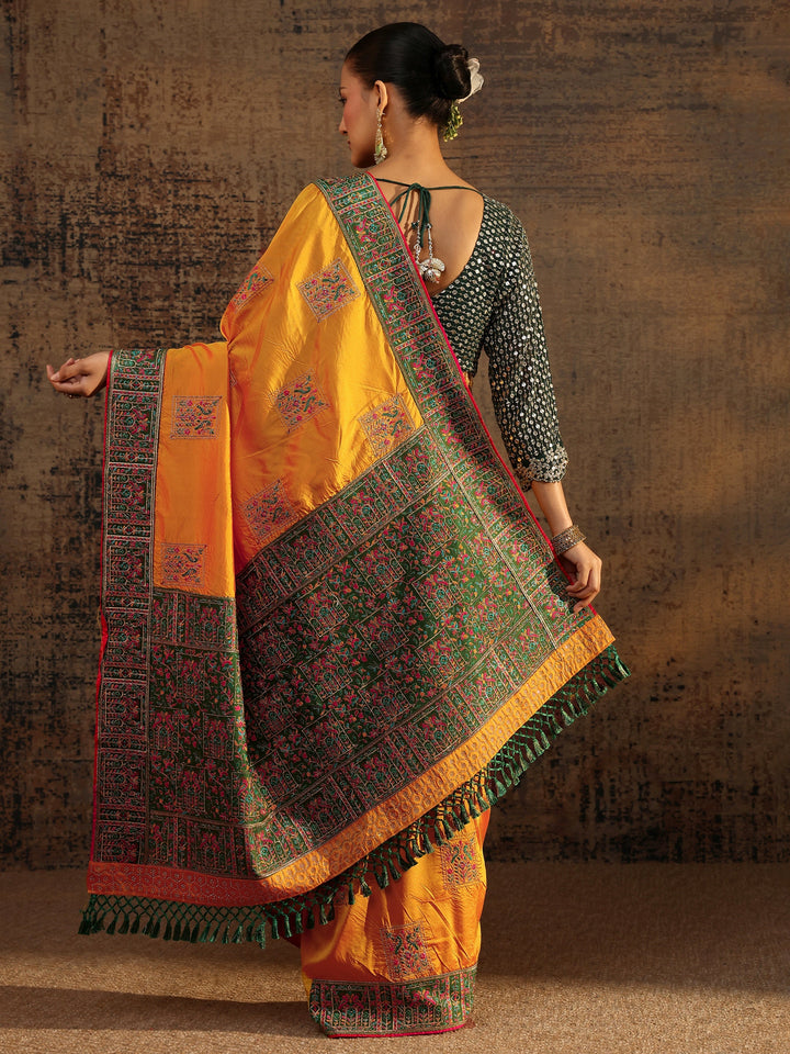 Mustard Ethnic Motifs Embroidered Silk Blend Saree With Unstitched Blouse Piece