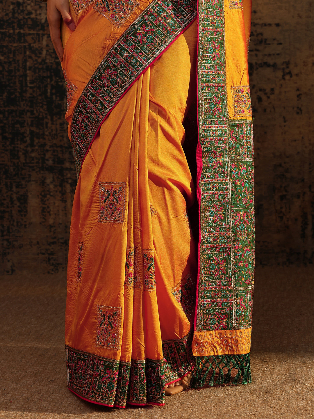Mustard Ethnic Motifs Embroidered Silk Blend Saree With Unstitched Blouse Piece