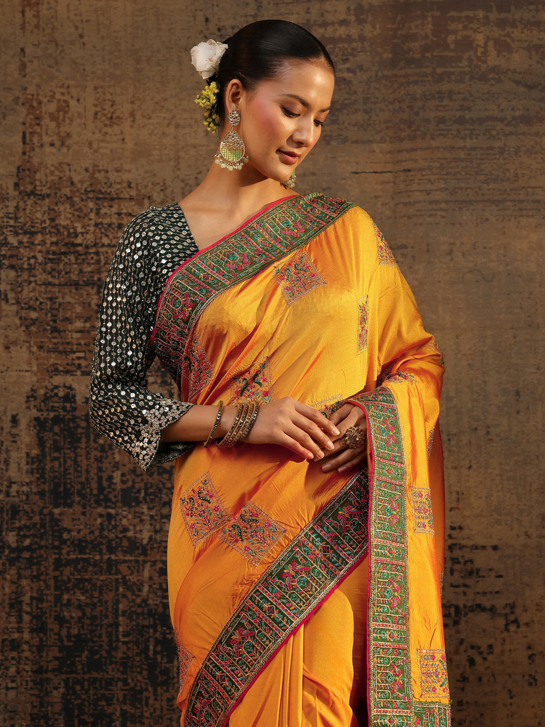 Mustard Ethnic Motifs Embroidered Silk Blend Saree With Unstitched Blouse Piece