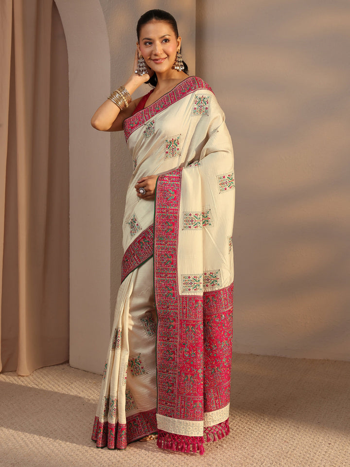 Cream Ethnic Motifs Embroidered Silk Blend Saree With Unstitched Blouse Piece