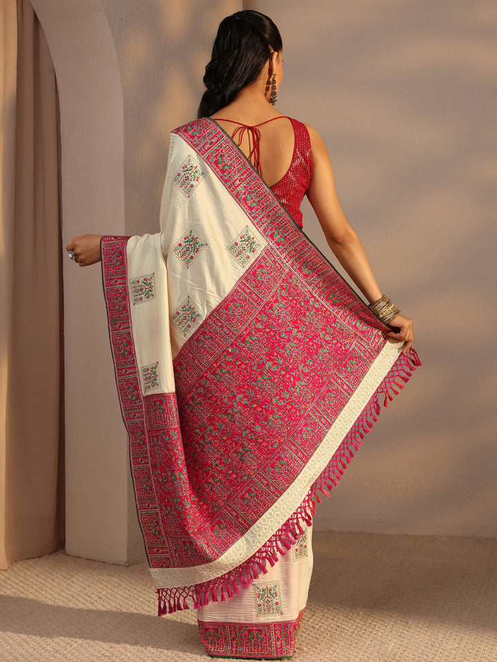 Cream Ethnic Motifs Embroidered Silk Blend Saree With Unstitched Blouse Piece