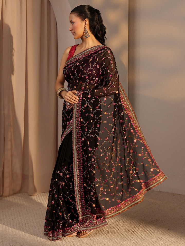 Black Floral Embroidered Net Saree With Unstitched Blouse Piece