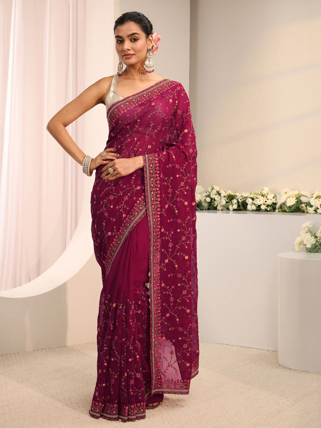 Libas Pink Floral Embroidered Net Saree With Unstitched Blouse Piece
