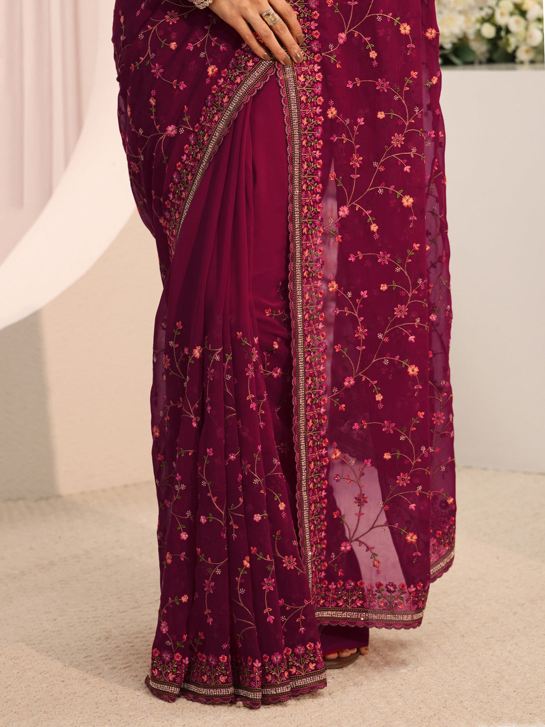 Libas Pink Floral Embroidered Net Saree With Unstitched Blouse Piece