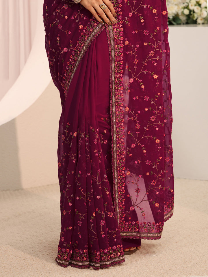 Libas Pink Floral Embroidered Net Saree With Unstitched Blouse Piece