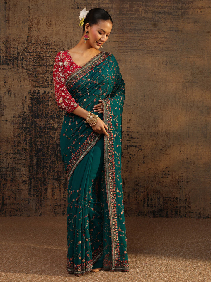 Libas Blue Floral Embroidered Net Saree With Unstitched Blouse Piece