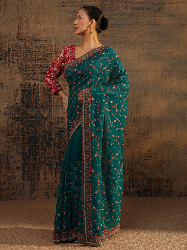 Libas Blue Floral Embroidered Net Saree With Unstitched Blouse Piece
