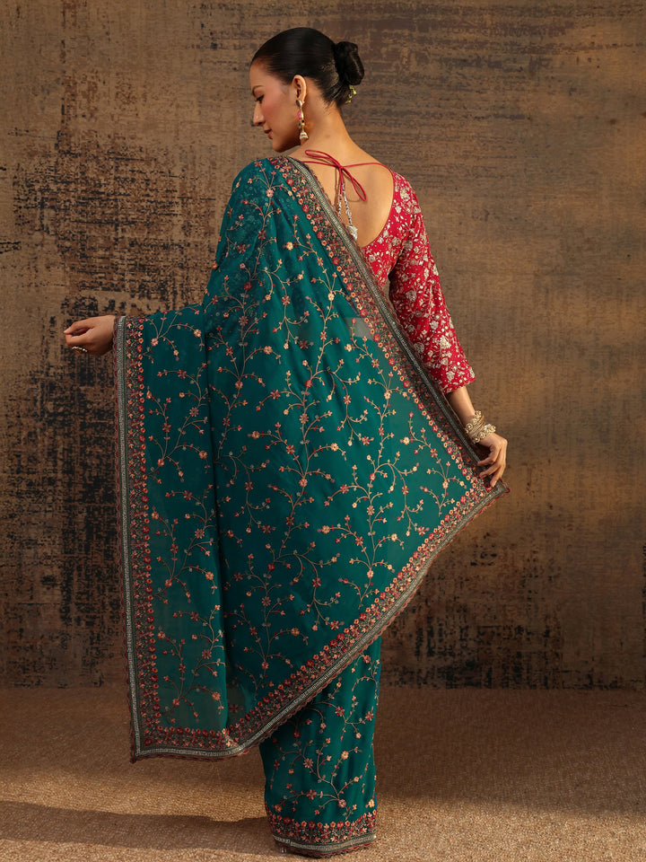 Libas Blue Floral Embroidered Net Saree With Unstitched Blouse Piece