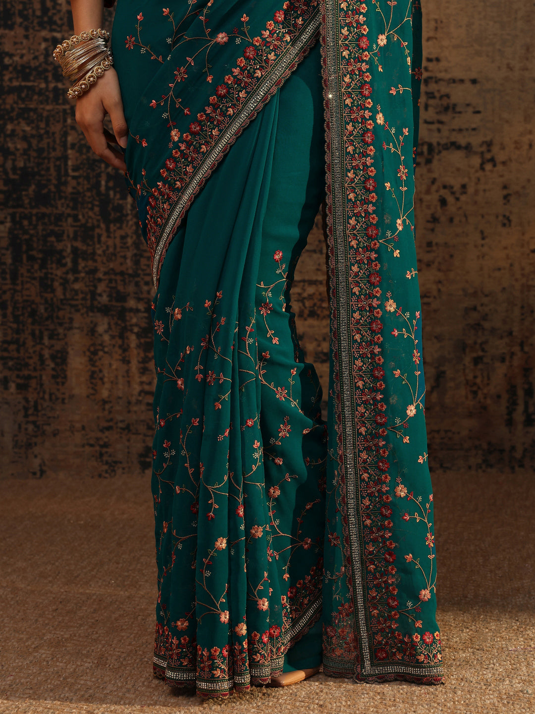 Libas Blue Floral Embroidered Net Saree With Unstitched Blouse Piece