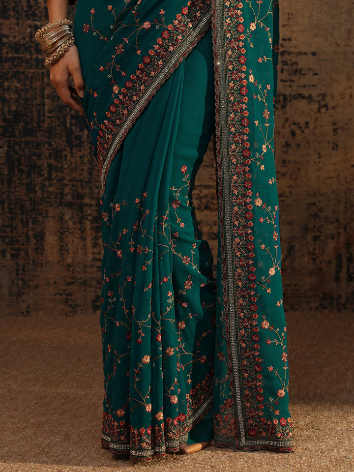 Libas Blue Floral Embroidered Net Saree With Unstitched Blouse Piece