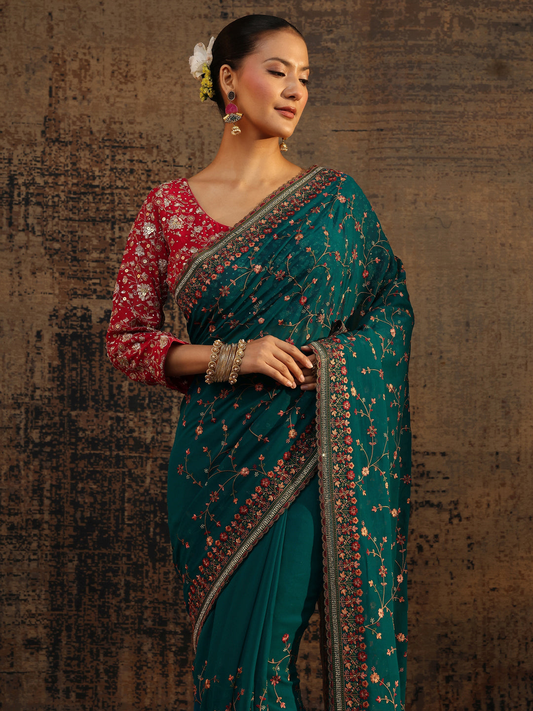 Libas Blue Floral Embroidered Net Saree With Unstitched Blouse Piece