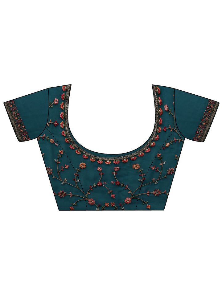 Blue Floral Embroidered Net Saree With Unstitched Blouse Piece