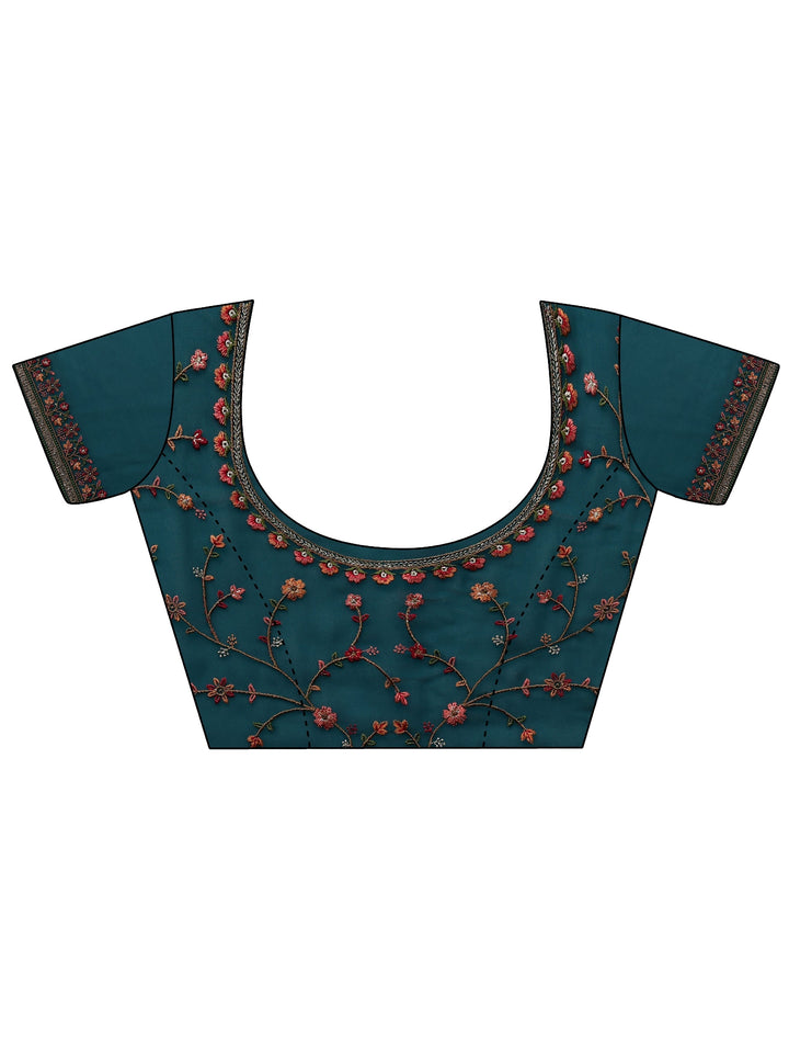 Libas Blue Floral Embroidered Net Saree With Unstitched Blouse Piece