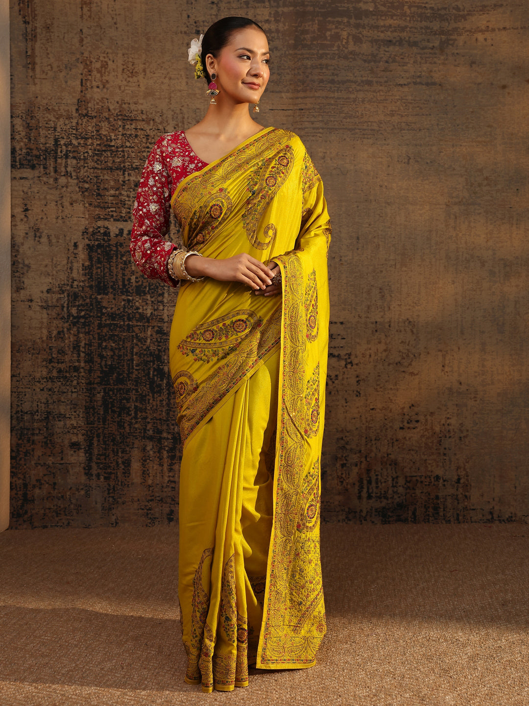 Mustard Floral Embroidered Satin Saree With Unstitched Blouse Piece