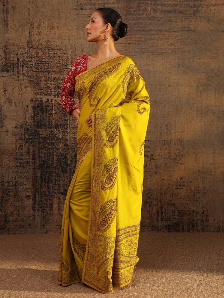 Mustard Floral Embroidered Satin Saree With Unstitched Blouse Piece