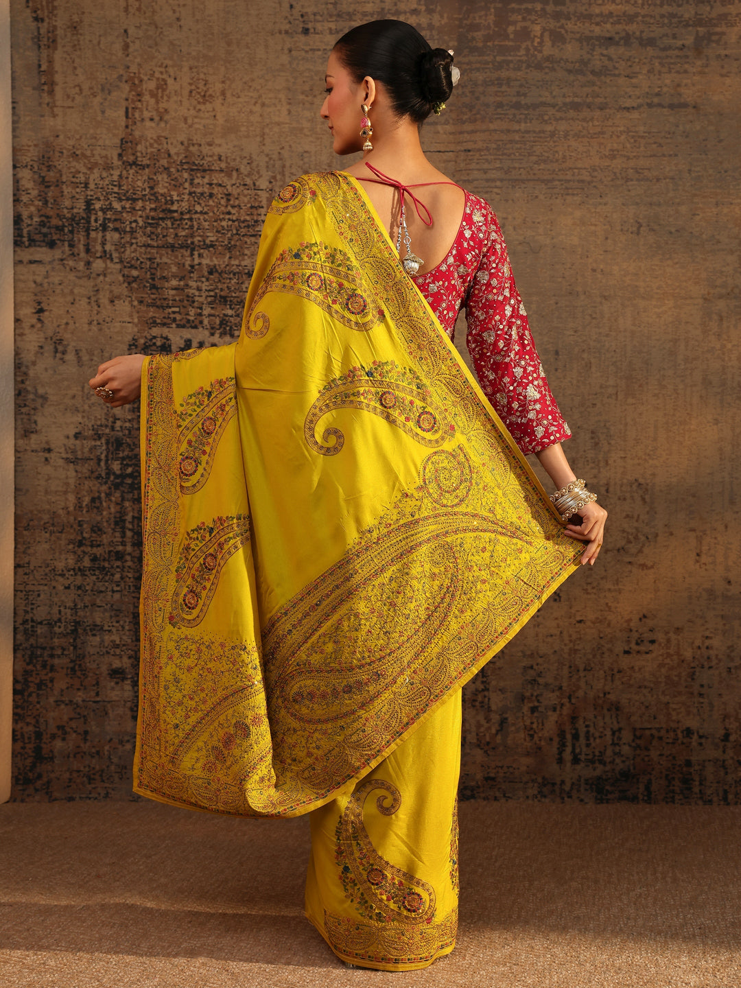 Libas Mustard Floral Embroidered Satin Saree With Unstitched Blouse Piece