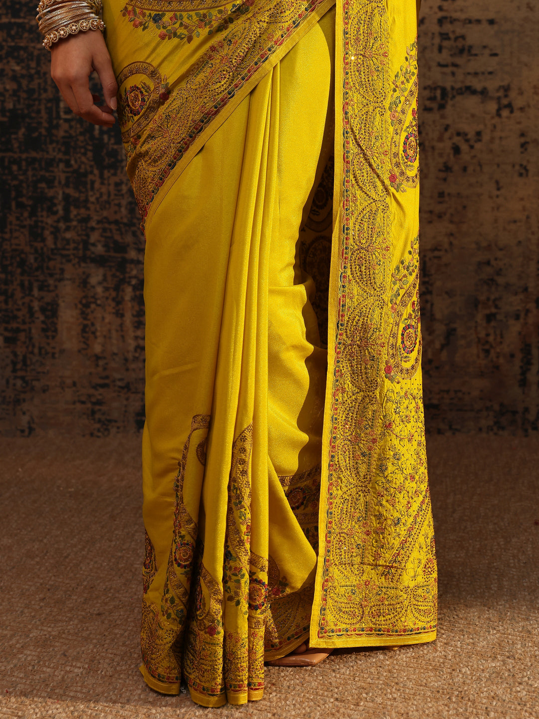 Mustard Floral Embroidered Satin Saree With Unstitched Blouse Piece