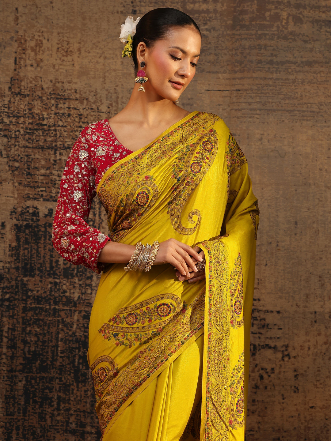 Libas Mustard Floral Embroidered Satin Saree With Unstitched Blouse Piece